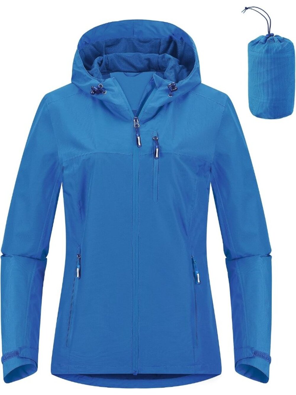 Women Dodger Blue Mesh Lined Hooded Zipper Pockets Waterproof Packable Rain Coat